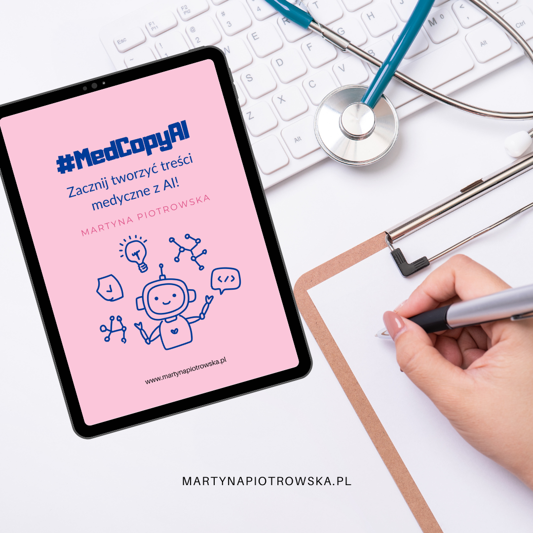 MockUp, na którym jest widoczny lead magnet - e-book "Zacznij tworzyć treści medyczne z AI!"