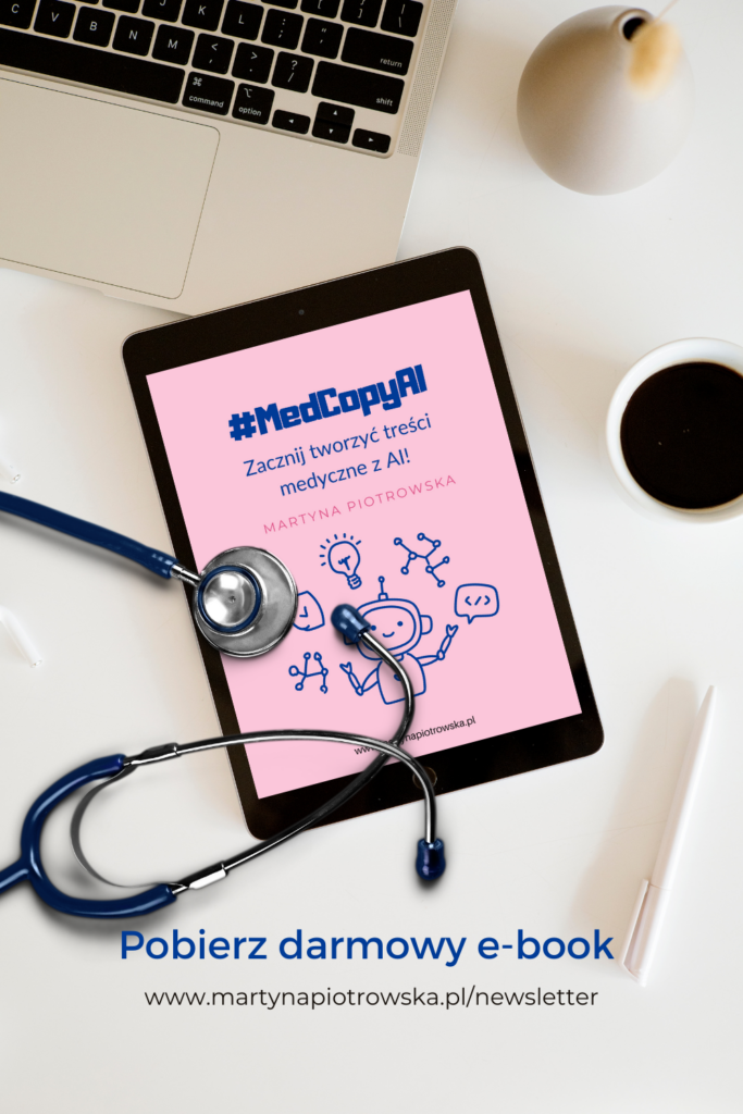 Tablet leżący na stole pod stetoskopem z otwartym e-bookiem o pisaniu tekstów medycznych z pomocą sztucznej inteligencji "Zacznij tworzyć treści medyczne z AI!"
