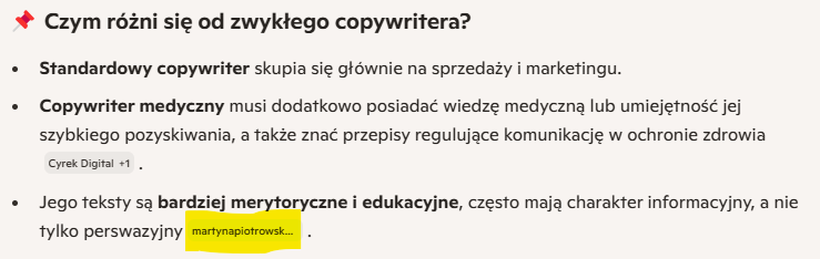 Przykład tego, jak Copilot cytuje moją stronę w wygenerowanej odpowiedzi.