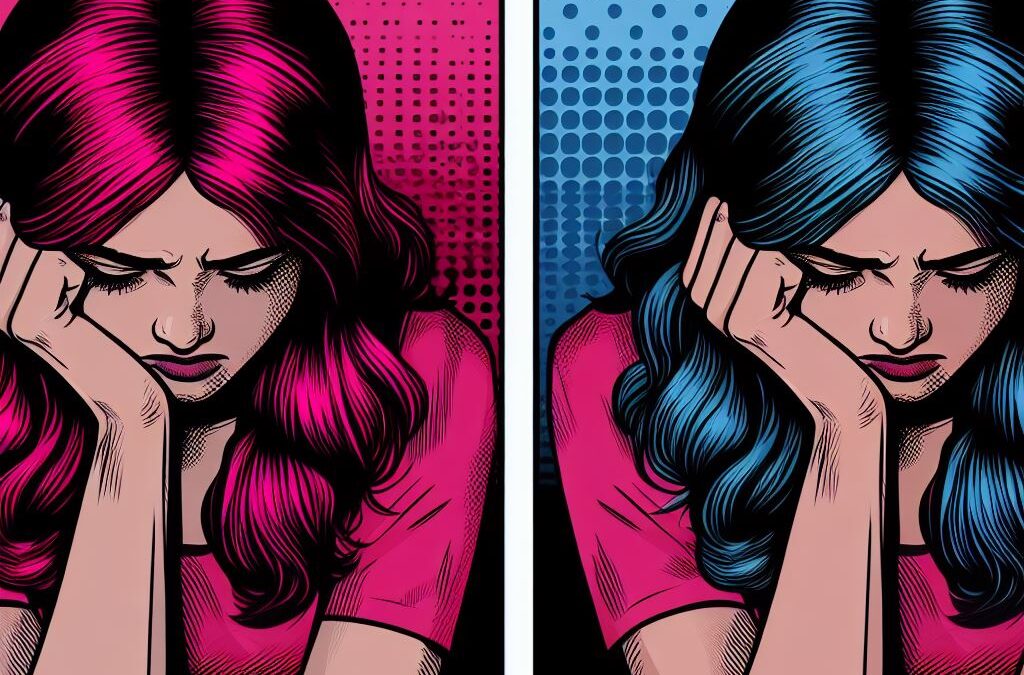 Dziewczyna w depresji w dwóch odsłonach kolorystycznych: ciemnoróżowym i niebieskim.