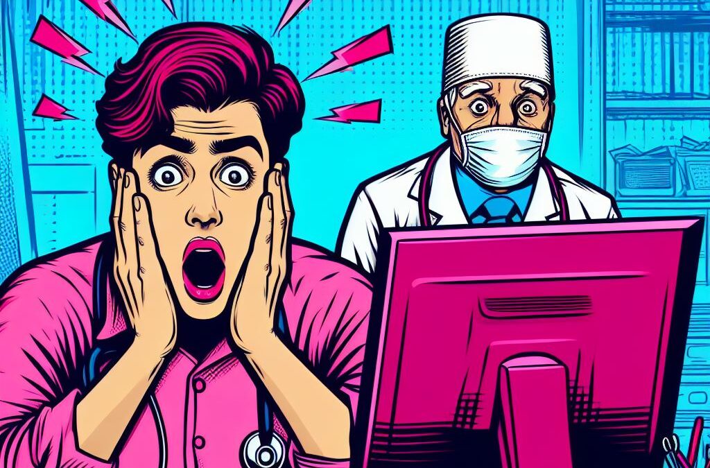 Bardzo zdziwieni lekarze przed ekranem komputera narysowani w komiksowym stylu.